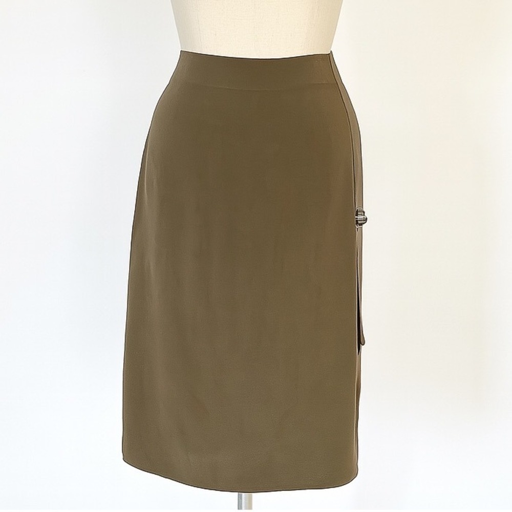 Trouvé Midi Skirt Size 4 Olive Green Asymmetrical Buckle Detail Career Pencil